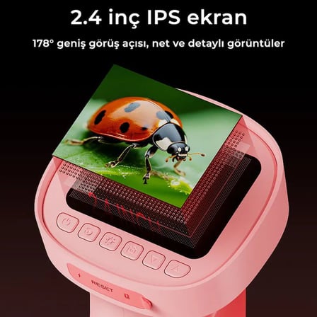 395 Pembe Taşınabilir Dijital Çocuk Mikroskobu - 2.4 İnç IPS Ekranlı, 1080P Full HD, 1000X Zoom, 8 LED Işıklı Eğitici Bilim Kiti