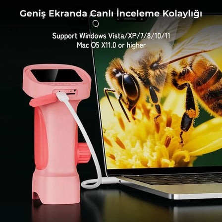 395 Pembe Taşınabilir Dijital Çocuk Mikroskobu - 2.4 İnç IPS Ekranlı, 1080P Full HD, 1000X Zoom, 8 LED Işıklı Eğitici Bilim Kiti