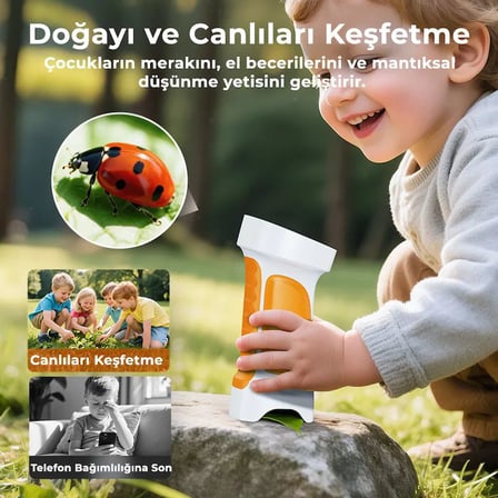 395 Turuncu Taşınabilir Dijital Çocuk Mikroskobu - 2.4 İnç IPS Ekranlı, 1080P Full HD, 1000X Zoom, 8 LED Işıklı Eğitici Bilim Kiti