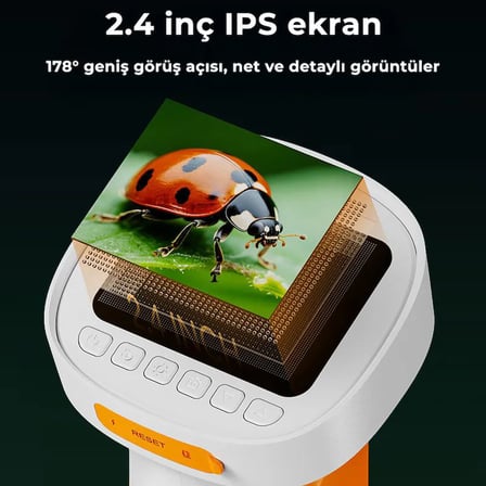 395 Turuncu Taşınabilir Dijital Çocuk Mikroskobu - 2.4 İnç IPS Ekranlı, 1080P Full HD, 1000X Zoom, 8 LED Işıklı Eğitici Bilim Kiti