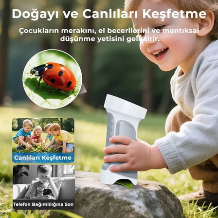 395 Gri Taşınabilir Dijital Çocuk Mikroskobu - 2.4 İnç IPS Ekranlı, 1080P Full HD, 1000X Zoom, 8 LED Işıklı Eğitici Bilim Kiti