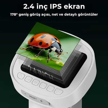 395 Gri Taşınabilir Dijital Çocuk Mikroskobu - 2.4 İnç IPS Ekranlı, 1080P Full HD, 1000X Zoom, 8 LED Işıklı Eğitici Bilim Kiti