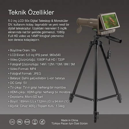 UM053 5.0 İnç IPS Ekranlı 50X Dijital Teleskop - 1080P Full HD Video, 14 MP Fotoğraf, Tripod & Uzaktan Kumandalı Uzak Mesafe Gözlem Dürbünü
