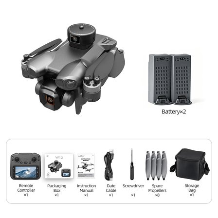 W12 GPS Drone, Dahili LCD Ekranlı Kumanda, HD Kamera, 360° Engel Algılama, Fırçasız Motor, Tek Tuşla Eve Dönüş