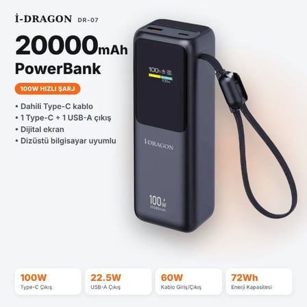 DR-07 20000mAh 100W Hızlı Şarj Powerbank Dijital Ekranlı Dahili Type-C Kablolu Dizüstü Uyumlu