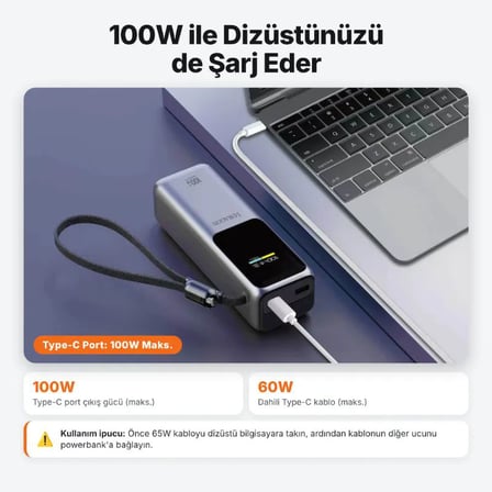 DR-07 20000mAh 100W Hızlı Şarj Powerbank Dijital Ekranlı Dahili Type-C Kablolu Dizüstü Uyumlu
