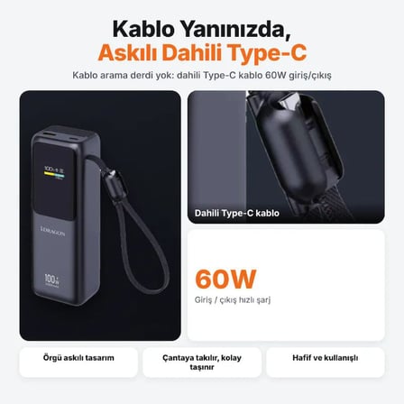 DR-07 20000mAh 100W Hızlı Şarj Powerbank Dijital Ekranlı Dahili Type-C Kablolu Dizüstü Uyumlu