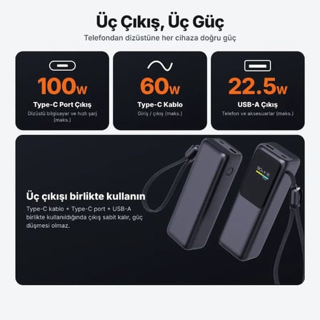 DR-07 20000mAh 100W Hızlı Şarj Powerbank Dijital Ekranlı Dahili Type-C Kablolu Dizüstü Uyumlu
