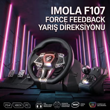 IMOLA F107 Force Feedback Yarış Direksiyon Seti (900°/270°, Hall Sensörlü 3 Pedallı, 6+1 H-Vites, PC / PS4 / Xbox Series X|S / Xbox One Uyumlu)
