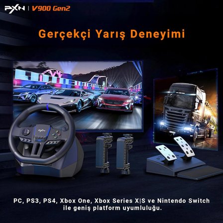 PXN V900 GEN2 Hall Effect Oyun Direksiyonu 270°/900° PC PS3 PS4 Xbox One Xbox Series X|S Nintendo Switch Uyumlu Pedallı Yarış Direksiyonu