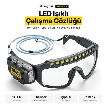 W6131-4 LED Işıklı Çalışma Gözlüğü Sensörlü Type-C Şarjlı Beyaz Sarı Işık Eller Serbest Tamir Bakım