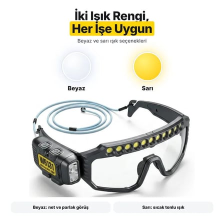 W6131-4 LED Işıklı Çalışma Gözlüğü Sensörlü Type-C Şarjlı Beyaz Sarı Işık Eller Serbest Tamir Bakım