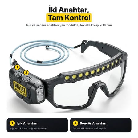 W6131-4 LED Işıklı Çalışma Gözlüğü Sensörlü Type-C Şarjlı Beyaz Sarı Işık Eller Serbest Tamir Bakım