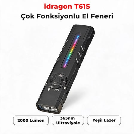 idragon T61S Çok Fonksiyonlu Mıknatıslı UV ve Yeşil Lazerli EDC El Feneri - 2000 Lümen, RGB Işıklı, Type-C Şarjlı Taktiksel Kamp Feneri