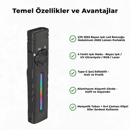 idragon T61S Çok Fonksiyonlu Mıknatıslı UV ve Yeşil Lazerli EDC El Feneri - 2000 Lümen, RGB Işıklı, Type-C Şarjlı Taktiksel Kamp Feneri