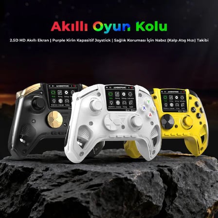 RG G01 Akıllı Ekranlı Kablosuz Oyun Kolu Beyaz - 2.5D HD Ekran Purple Kirin Kapasitif Joystick Çift Modlu Manyetik Hall Tetik Mekanik ABXY Nabız Ölçer PC Switch Android iOS Uyumlu Gamepad