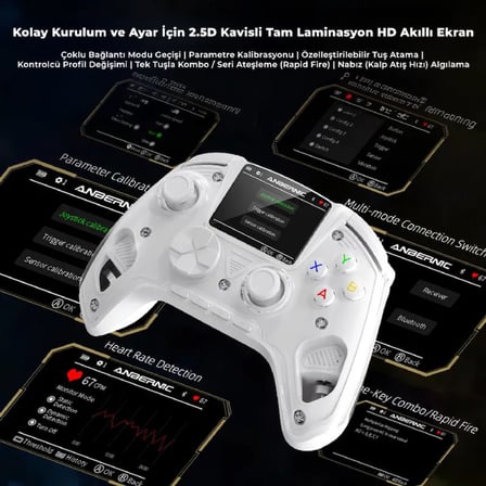 RG G01 Akıllı Ekranlı Kablosuz Oyun Kolu Beyaz - 2.5D HD Ekran Purple Kirin Kapasitif Joystick Çift Modlu Manyetik Hall Tetik Mekanik ABXY Nabız Ölçer PC Switch Android iOS Uyumlu Gamepad