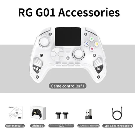 RG G01 Akıllı Ekranlı Kablosuz Oyun Kolu Beyaz - 2.5D HD Ekran Purple Kirin Kapasitif Joystick Çift Modlu Manyetik Hall Tetik Mekanik ABXY Nabız Ölçer PC Switch Android iOS Uyumlu Gamepad