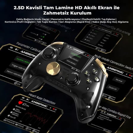 RG G01 Akıllı Ekranlı Kablosuz Oyun Kolu Siyah- 2.5D HD Ekran Purple Kirin Kapasitif Joystick Çift Modlu Manyetik Hall Tetik Mekanik ABXY Nabız Sensörlü PC Switch Android iOS Gamepad