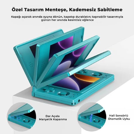 RG DS Çift Ekranlı Retro El Oyun Konsolu 3 GB RAM 32 GB Mavi - Çift 4 İnç IPS Dokunmatik Ekran Kapaklı Tasarım Android 14 Stylus Dokunmatik Kalemli NDS 3DS PSP Uyumlu Taşınabilir Oyun Cihazı