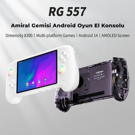 RG 557 Beyaz 8 GB RAM 128 GB Depolama 5.48" AMOLED Dokunmatik Ekran El Konsolu - 4nm Dimensity 8300 İşlemci Android 14 Wi-Fi 6E Aktif Turbo Fan Soğutma 1080p Type-C DP Çıkışlı Taşınabilir Konsol