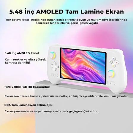 RG 557 Beyaz 8 GB RAM 128 GB Depolama 5.48" AMOLED Dokunmatik Ekran El Konsolu - 4nm Dimensity 8300 İşlemci Android 14 Wi-Fi 6E Aktif Turbo Fan Soğutma 1080p Type-C DP Çıkışlı Taşınabilir Konsol