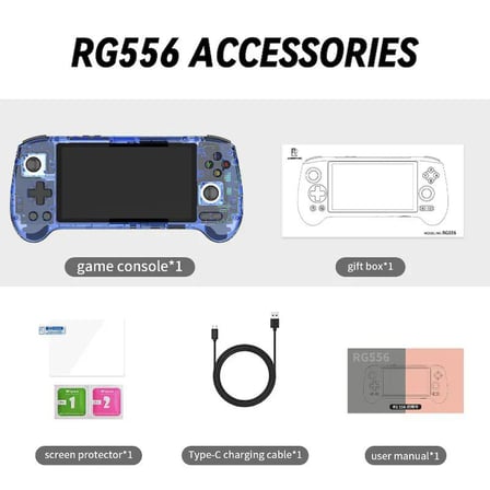 RG 556 Android Retro El Oyun Konsolu Şeffaf Mavi - 5.48 İnç 1080p FHD AMOLED Ekran Unisoc T820 6nm 8 GB RAM 128 GB Manyetik Hall Tetik ve Joystick Aktif Fan Soğutmalı PS2 3DS Wii Taşınabilir Konsol