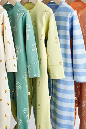 Next Baby % 100 Pamuklu Turuncu Krem Palmiye Desenli 5’li Tulum Set