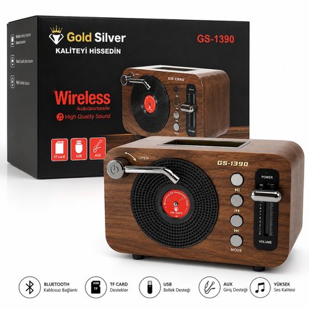 GS-1390 Retro Bluetooth Hoparlör ve FM Radyo | USB Bellek, TF Kart, AUX Girişli Ahşap Tasarım