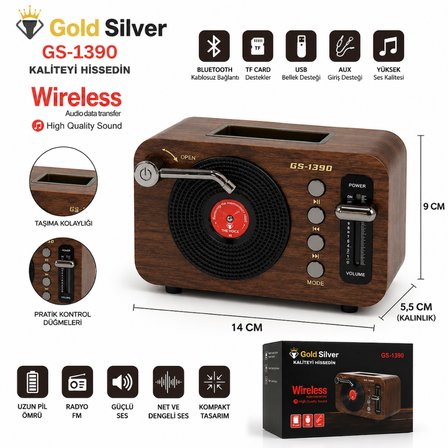 GS-1390 Retro Bluetooth Hoparlör ve FM Radyo | USB Bellek, TF Kart, AUX Girişli Ahşap Tasarım