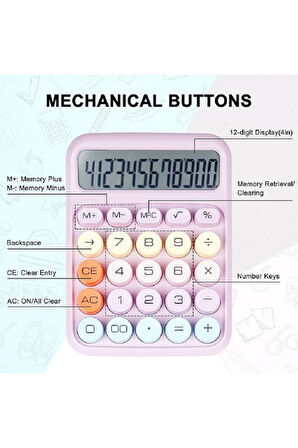 Renkli Büyük Düğmeli Mekanik AnahtarLI Masaüstü Hesap Makinesi , 12 Haneli, Rengarenk
