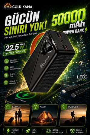 50000 mAh Powerbank 22.5W Hızlı Şarj PD Taşınabilir Güç Kaynağı Dijital Göstergeli LED Işıklı