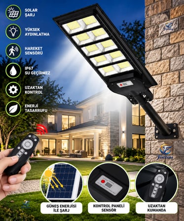 YC1-034B 600W Solar Sokak ve Bahçe Lambası – Sensör Modunda Kesintisiz Şarj ve Kumandalı ve
