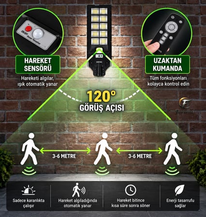 900W Solar Sokak Lambası Güneş Enerjili Hareket Sensörlü Uzaktan Kumandalı IP67 LED Aydınlatma