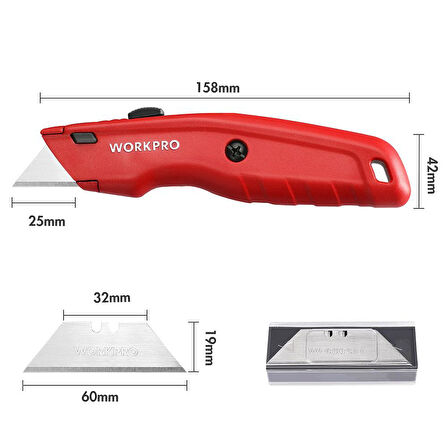 WORKPRO WP213017 Ağır Hizmet Alüminyum Gövde Geri Çekilebilir Rötuş Maket Bıçağı + 3 Adet Yedek Bıçak