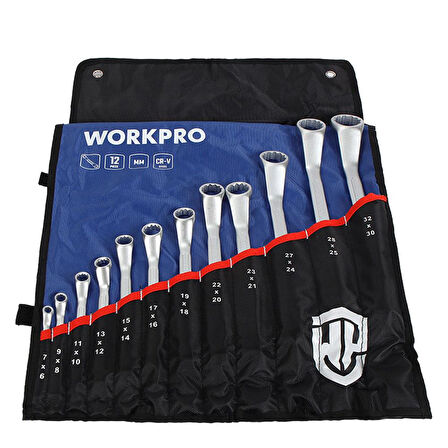 WORKPRO WP202510 6-32mm 12 Parça CR-V Profesyonel İki Ağızlı Yıldız Anahtar Takımı + Bez Taşıma Kılıfı