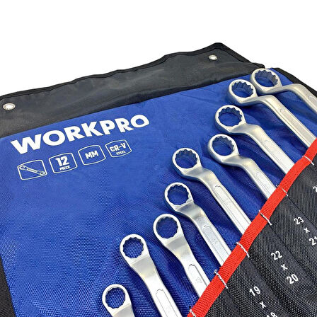 WORKPRO WP202510 6-32mm 12 Parça CR-V Profesyonel İki Ağızlı Yıldız Anahtar Takımı + Bez Taşıma Kılıfı