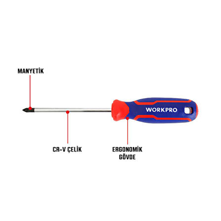 WORKPRO WP221035 PZ0x75mm CR-V Manyetik Profesyonel Yıldız Tornavida 
