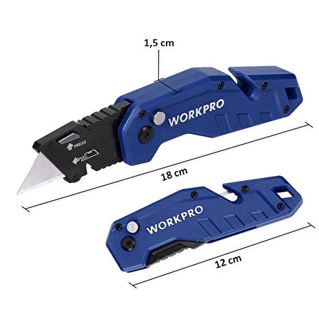 WORKPRO WP211008 Profesyonel Katlanır Çok Amaçlı Rötuş Maket Bıçağı + 10 Adet Yedek Bıçak