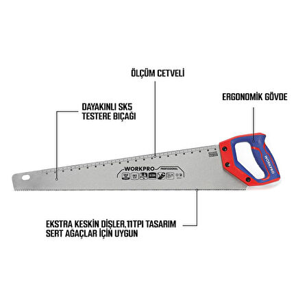 WORKPRO WP215012 550mm SK5 11 TPI Ağır Hizmet Tipi El Testeresi 