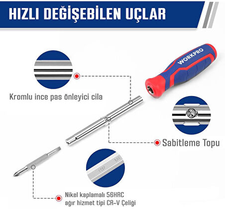 WORKPRO WP221306 15-IN-1 Çok Fonksiyonlu Değişken Uçlu Profesyonel Tornavida Seti + Bel Askı Kılıfı