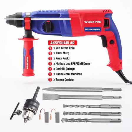 WORKPRO WP470406 800Watt 2.8J 26MM SDS-Plus Profesyonel Kırıcı/Delici 3 Ad Delici + 2 Ad Kırıcı Uç