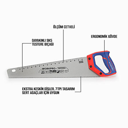 WORKPRO WP215035 350mm SK5 7 TPI Ağır Hizmet Tipi El Testeresi 