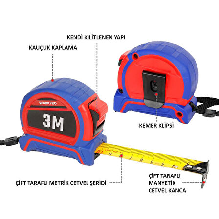 WORKPRO WP261040 3Mx16mm Naylon Kaplama Sarı Çift Taraflı Manyetik Çelik Şerit Metre 