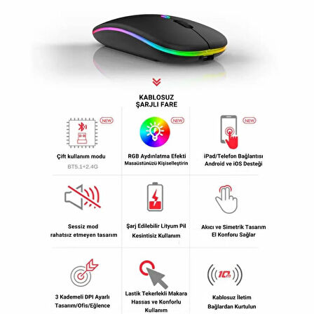 Coofbe RGB ışıklı Ayarlanabilir 3DPI Şarjlı Sessiz 2.4G+Kablosuz Bluetooth Mouse Laptop Tablet Uyumlu