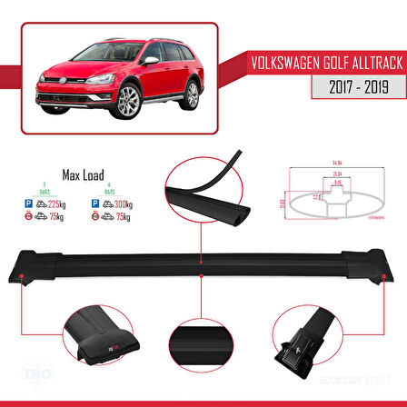 VW Golf Alltrack Mk7 2017-2019 Arası ile Uyumlu FLY Model Ara Atkı Tavan Barı Siyah 3 Adet