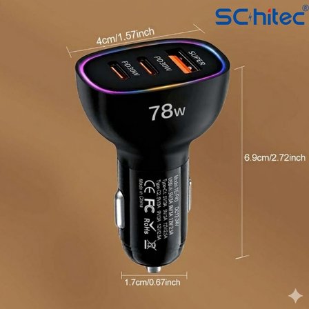 Schitec 78W 3 Portlu Araç Şarj Aleti Çift Type-C PD 30W + USB QC 3.0 Hızlı Şarj RGB Işıklı HG/CC-10