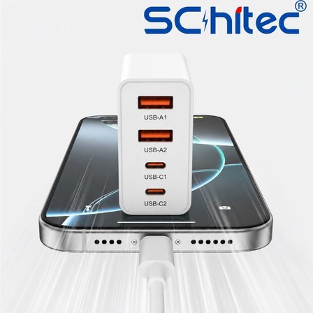 SChitec 100W 4 Çıkışlu 2 Type-C + 2 UsbA QC 3.0 Süper Hızlı Şarj Adaptörü Başlığı HG/TA-106EU