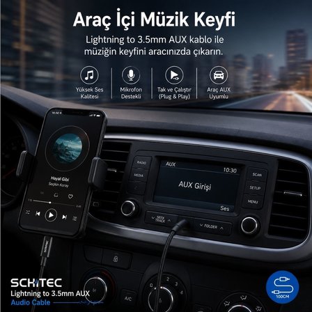 SChitec Lightning to 3.5mm AUX Dönüştürücü Kablo 1Metre Siyah HG/AXC-11