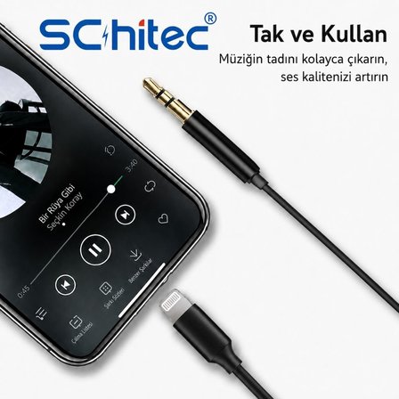 SChitec Lightning to 3.5mm AUX Dönüştürücü Kablo 1Metre Siyah HG/AXC-11